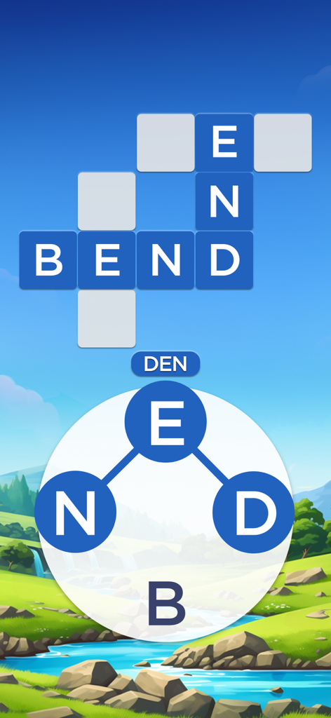 Gameplay of Words of Wonders showing a crossword puzzle board and a scenic nature landscape background.
