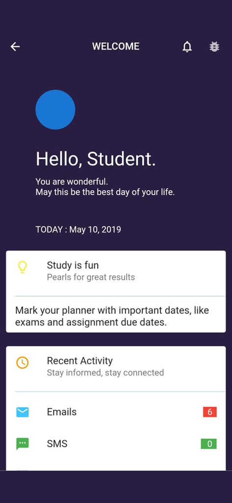 Digital Campus Parent App v3 - Digital Campus Parent Appのウェルカム画面。生徒の挨拶と、メールやSMSの最近のアクティビティ通知が表示されています。