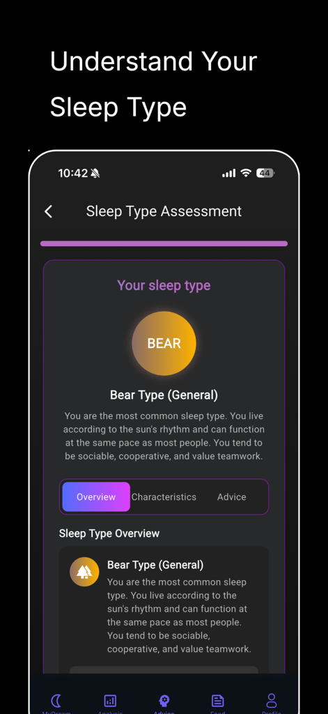 Dream Journal AI - muu - A screen from the Dream Journal AI app showing the result of a sleep type assessment identifying the user as a Bear type with a detailed description.