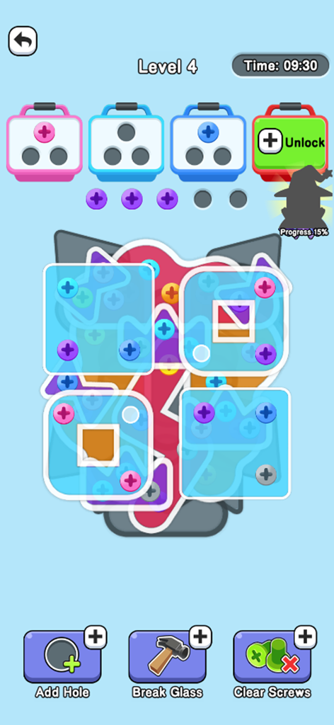 Screw Out:Screw Pin Jam Puzzle - Gameplay interface of Screw Out showing colored screws and glass plates for solving puzzles