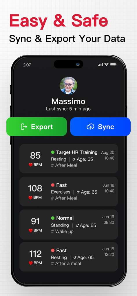 Heart Rate Monitor · Pulse App - Interface of the pulse monitor app showing data sync and export buttons with a history log of heart rate measurements