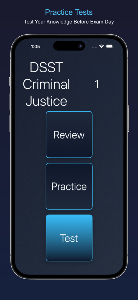 DSST Criminal Justice Prep - Interface of the DSST Criminal Justice Prep app featuring Review Practice and Test study modes on a smartphone screen