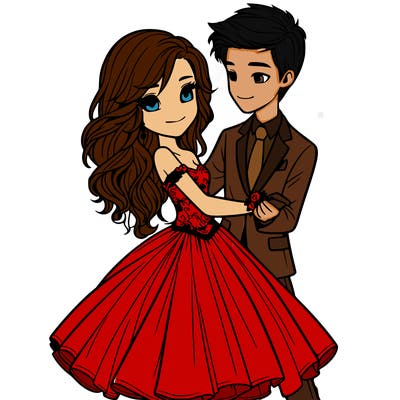 realistic teenaged girl with long hair and a big ball gown dress dancing with realistic teenaged boy with suit at prom