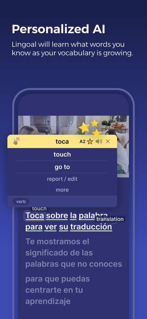 Lingoal: Languages with media - Capture d'écran de l'application Lingoal montrant le suivi personnalisé du vocabulaire par IA et la traduction de mots espagnols.