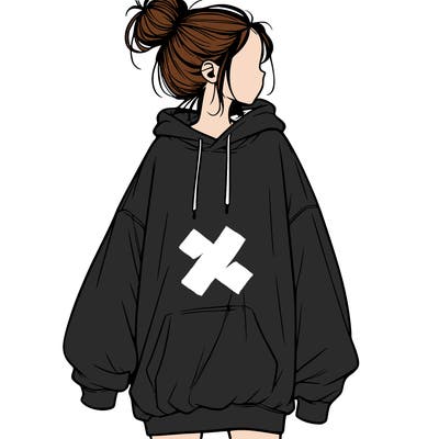realistic girl with a oversized sweatshirt on and a bun