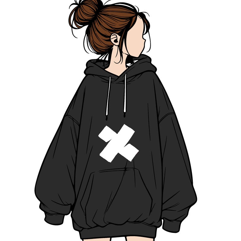 realistic girl with a oversized sweatshirt on and a bun
