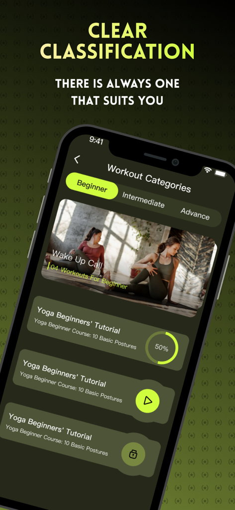 Yomo: Connect, Share, Grow - Yomo App-Bildschirm mit Yoga-Workout-Kategorien für Anfänger, Fortgeschrittene und Experten