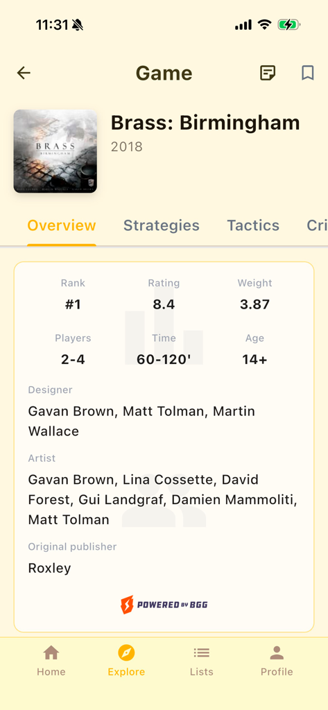 Board Game Guru - Overview screen of the board game Brass Birmingham in the Board Game Guru app showing rank rating and player count