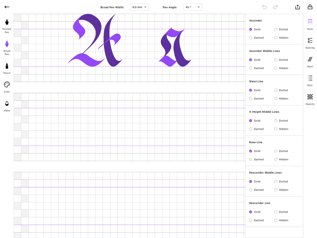 Calligrapher: Writing Master - iPad interface of the Calligrapher Writing Master app featuring purple gothic lettering on a custom grid worksheet with brush and layout settings