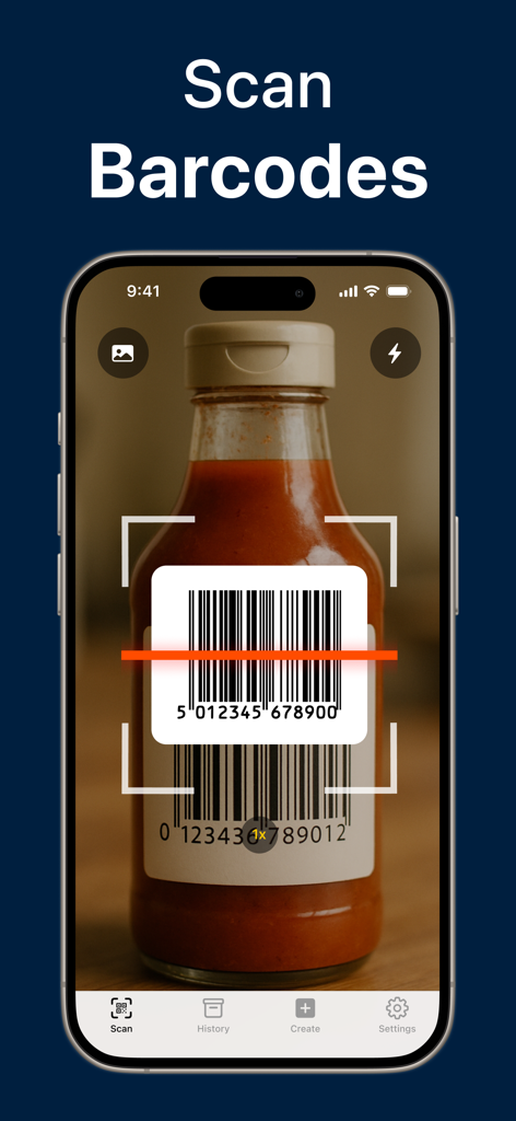 QR Code Reader；Barcode Scanner - Interfaz de la aplicación QR Mate escaneando un código de barras en una botella de producto con un indicador de línea láser roja.