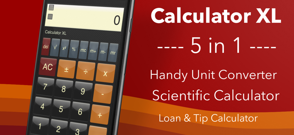 Calculator XLt - Promotional banner for Calculator XL showing 5 in 1 features including unit converter scientific calculator and loan and tip calculator