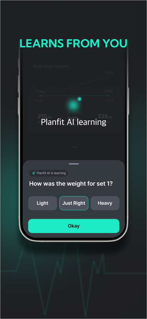 Planfit AI learning interface asking for user feedback on weight intensity