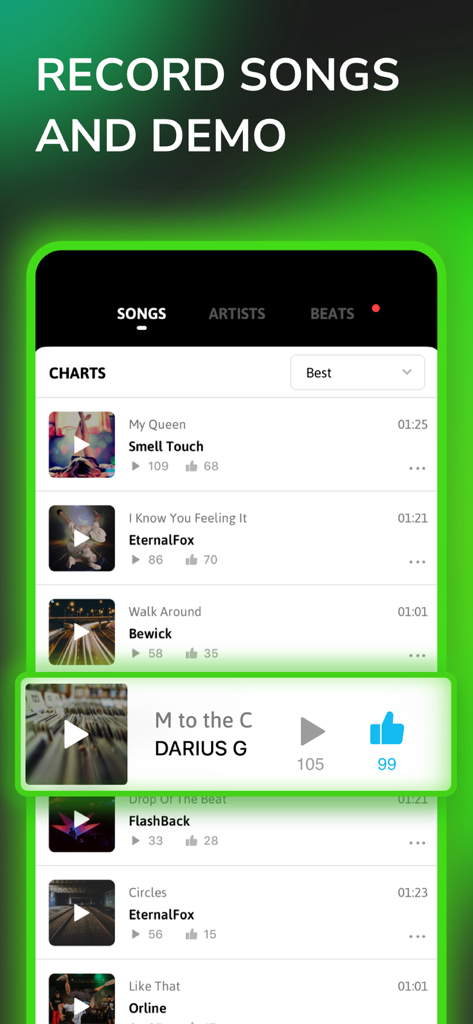 Self Rap - Fame Rapping Studio - A mobile app screen showing a leaderboard of rap songs with play counts and likes