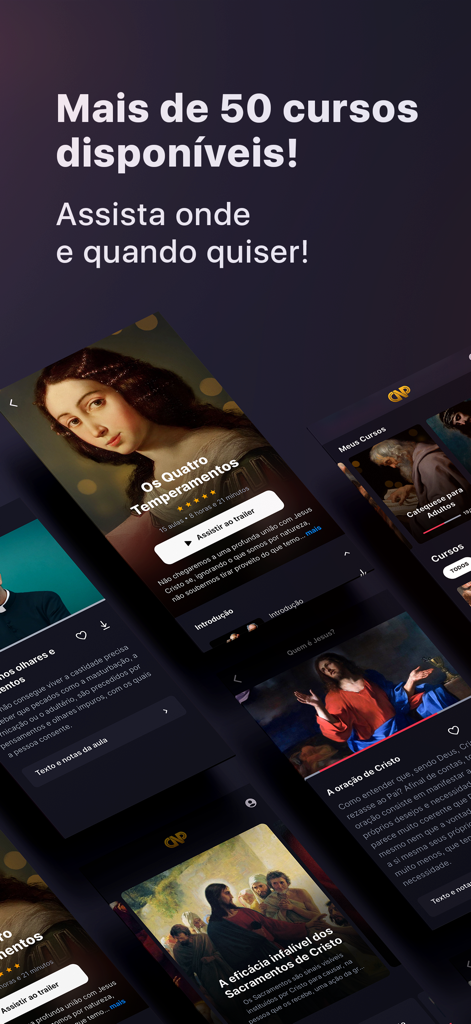 Padre Paulo Ricardo - Interfaz de la aplicación móvil del Padre Paulo Ricardo que muestra varios cursos de teología y espiritualidad católica con arte religioso.