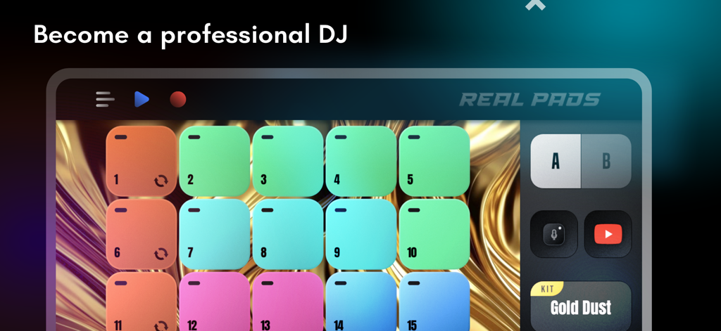 Real Pads: DJ electro drums - Real Pads app interface showing a colorful drum pad for music production and DJing