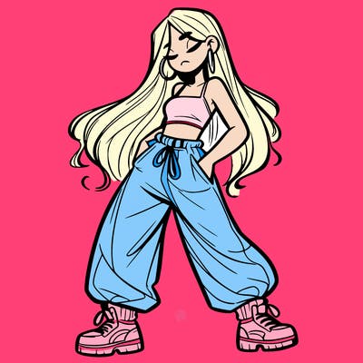girl in baggy pants crop top and long hair