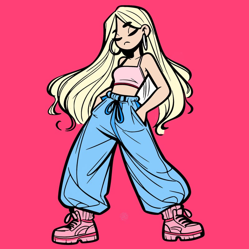 girl in baggy pants crop top and long hair