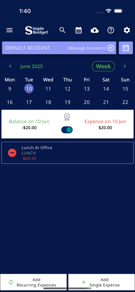 Simple Budget: Expense Manager - Calendario de seguimiento de gastos diarios y saldos en la aplicación móvil Simple Budget.