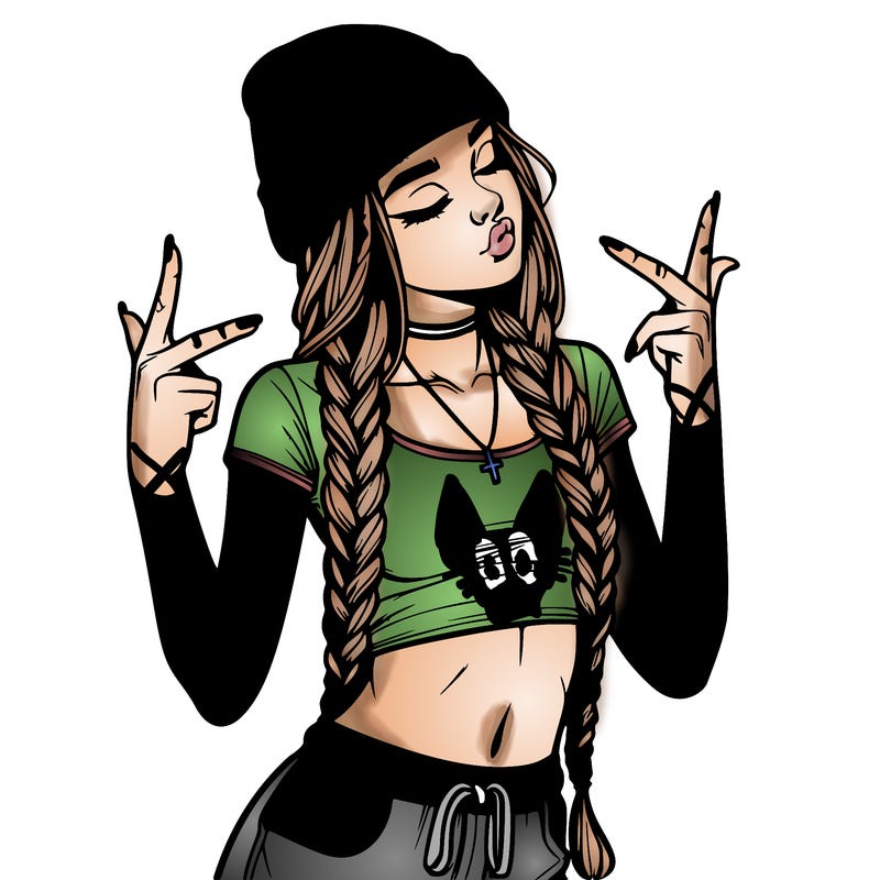 realistic teenage girl with braids and a beanie and crop top doing 🫶🏼