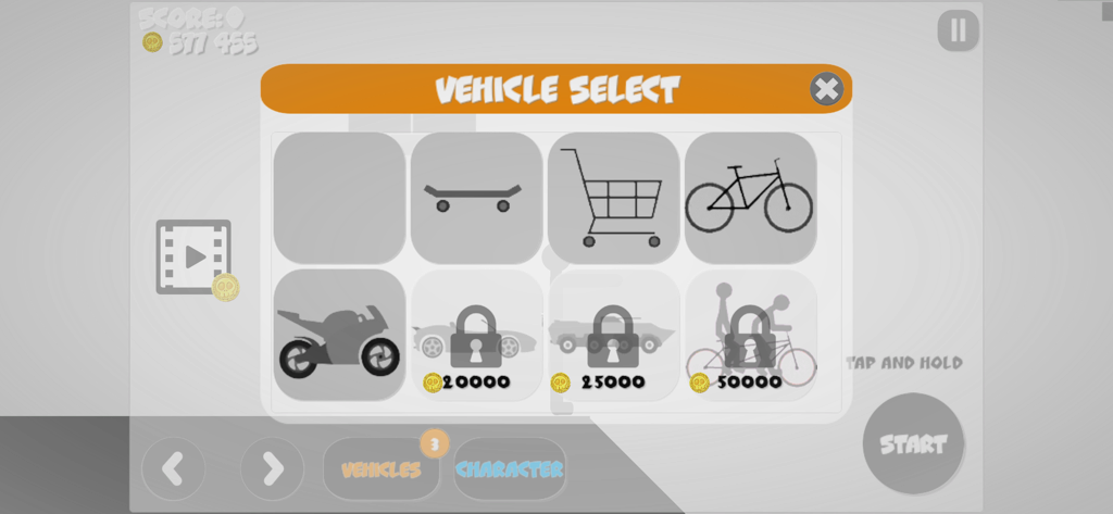 Stickman Destruction 2 - Vehicle selection menu in Stickman Destruction 2 featuring a skateboard shopping cart and bicycle