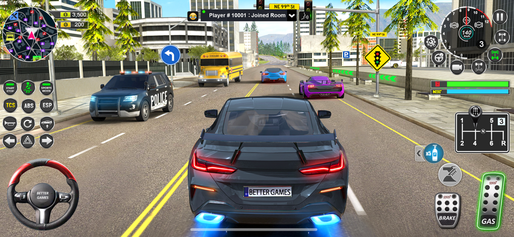 Third person view of a sports car driving on a city street with realistic game controls and UI