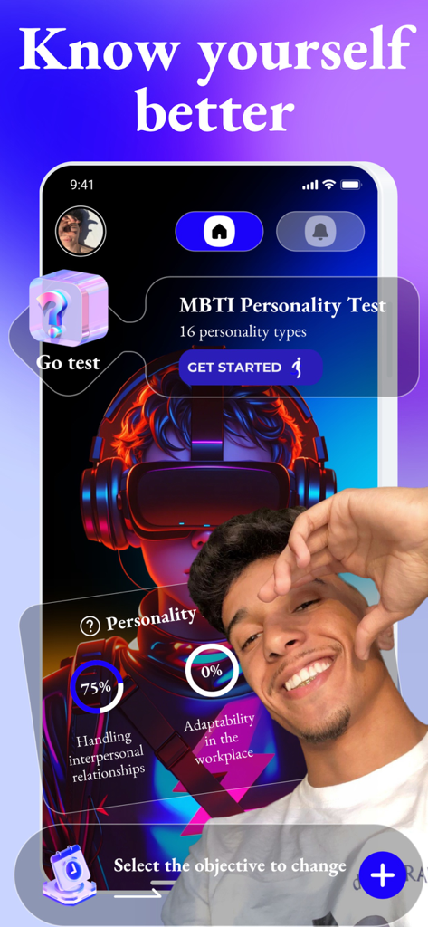 Mette 앱 스크린샷, MBTI 성격 테스트를 특징으로 하며 전경에 미소 짓는 젊은 남성
