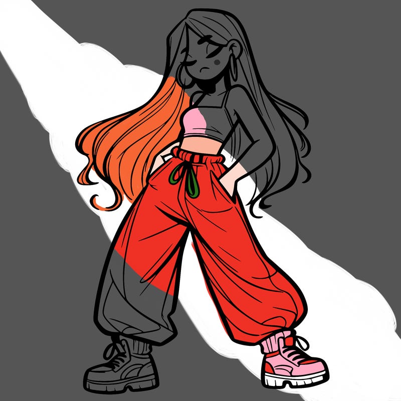 girl in baggy pants crop top and long hair
