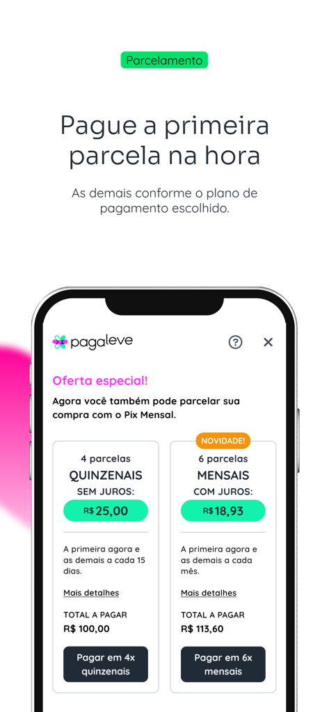 Pagaleve mobile app screen showing options for interest-free bi-weekly and monthly payment installments
