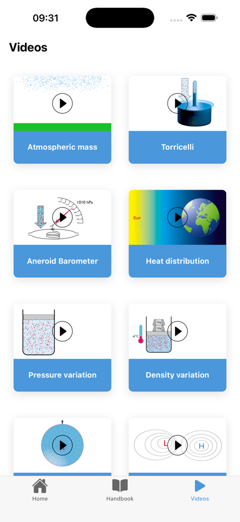 Educational video menu in the Marine Meteorology app showing nautical science lessons like Torricelli and Aneroid Barometer.