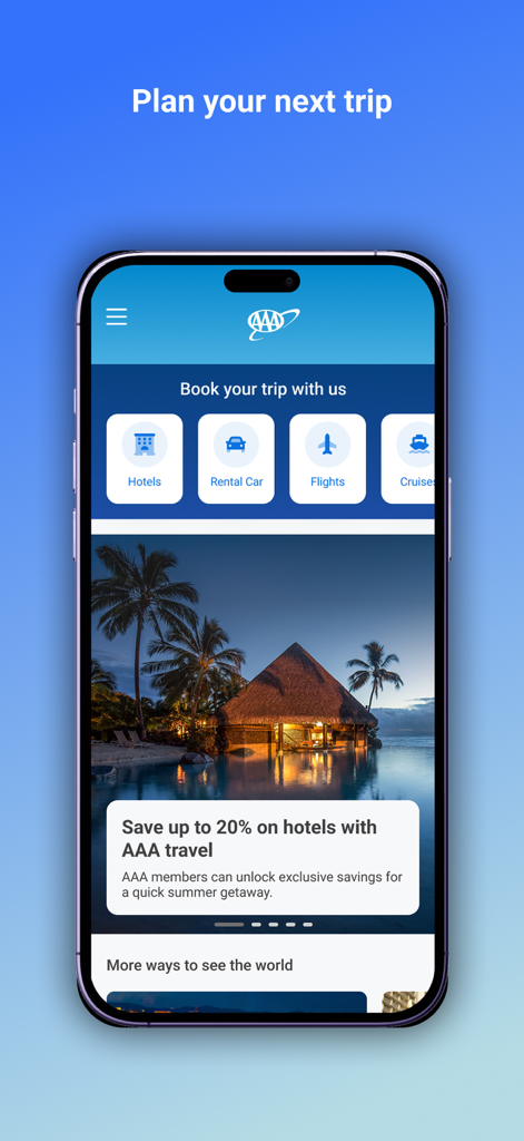 Auto Club App - Bildschirm der Auto Club App mit Reisebuchungsoptionen für Hotels, Mietwagen und Flüge mit exklusiven Mitglieder-Rabatten
