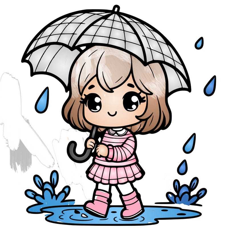 a cute girl walking in the rain for umbrella