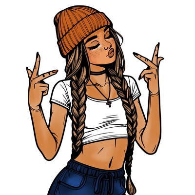 realistic teenage girl with braids and a beanie and crop top doing 🫶🏼