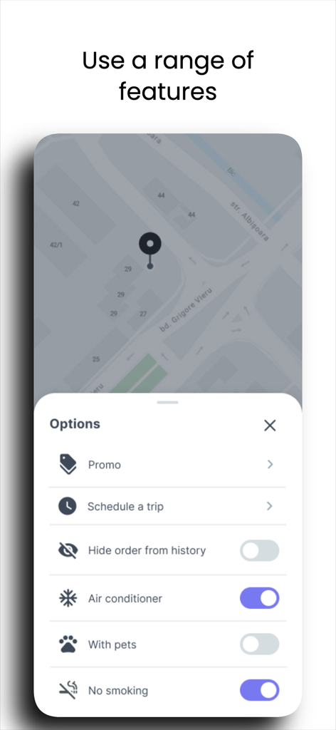 Letz | Request a ride - Letz app interface showing ride customization options like air conditioning and scheduling