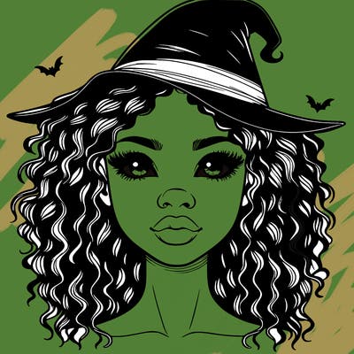 realistic black girl with wavy hair and witch hat and nose and lips