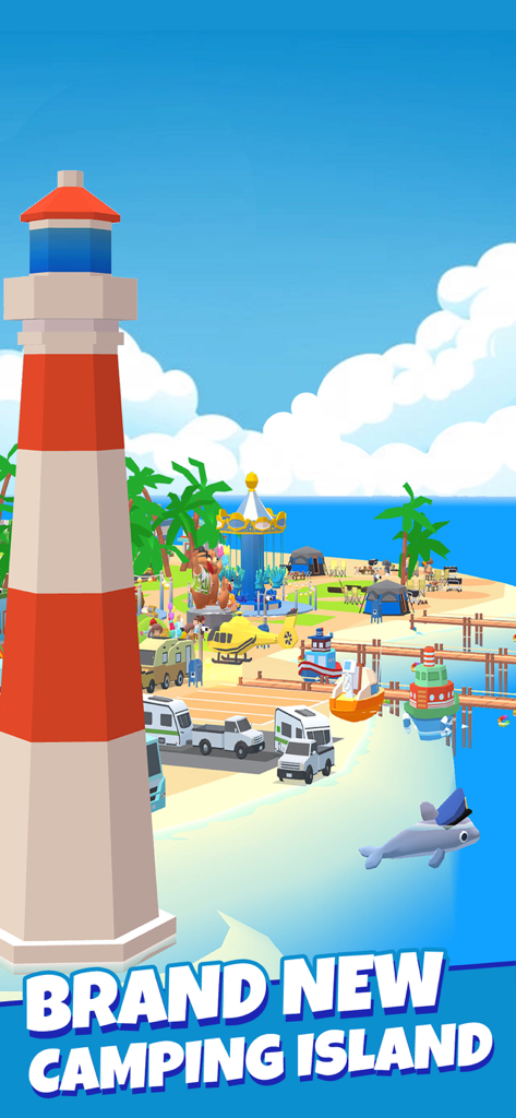 Camping Tycoon-Idle RV life - Uma vibrante ilha tropical 3D com um farol vermelho e branco alto e um acampamento na praia em Camping Tycoon.