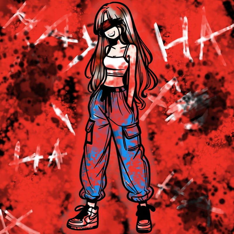 girl in baggy pants crop top and long hair