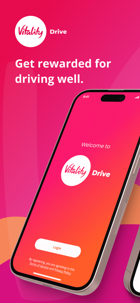 Ecrã de boas-vindas da aplicação Vitality Drive com um botão de login e uma frase sobre recompensas por condução segura