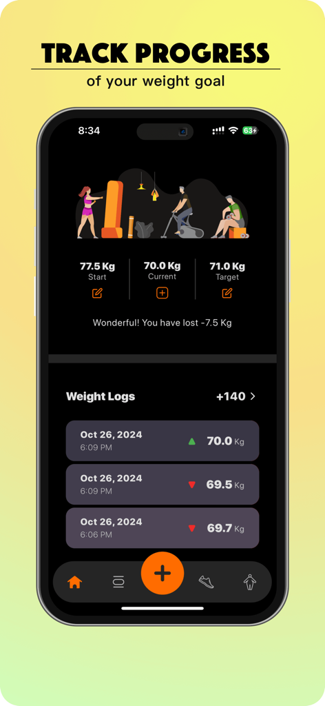 Painel de rastreamento de peso no aplicativo fitAnalytica mostrando progresso e registros
