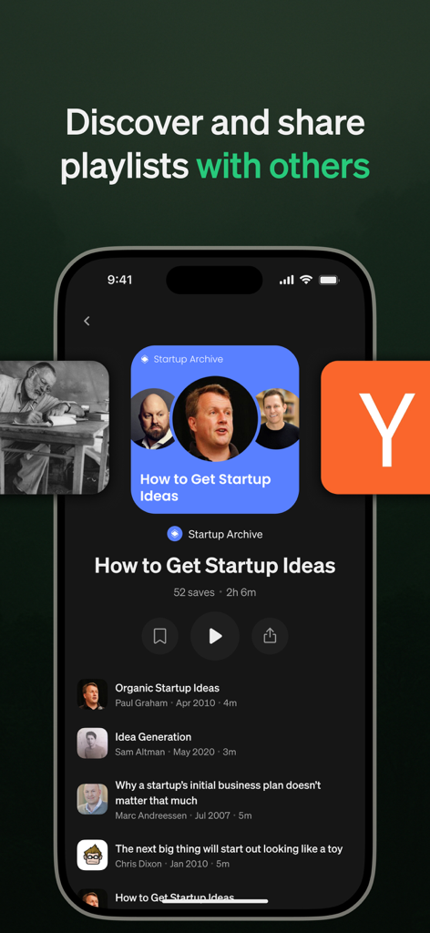 Perch Reader app displaying a curated shared playlist of startup articles