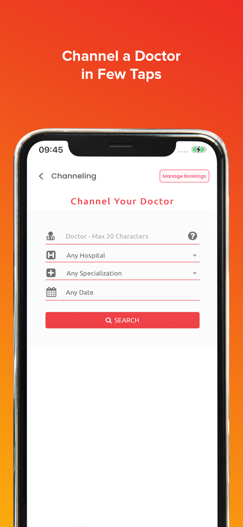 Doc990 - Tela de busca para agendamento de consultas médicas por nome e especialidade no aplicativo Doc990