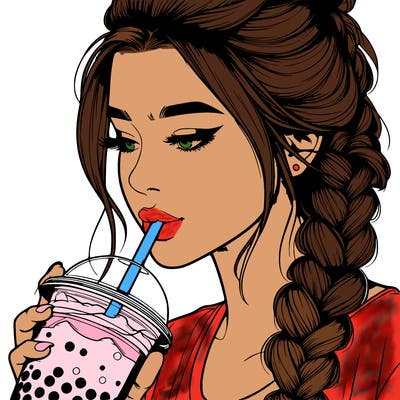 realistic girl drinking boba tea with braided hair