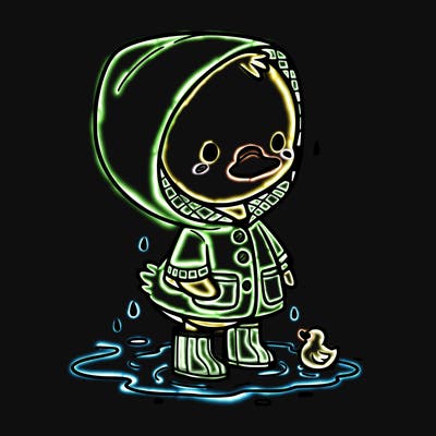 baby duck in a rain coat and boots, in a puddle while it’s raining