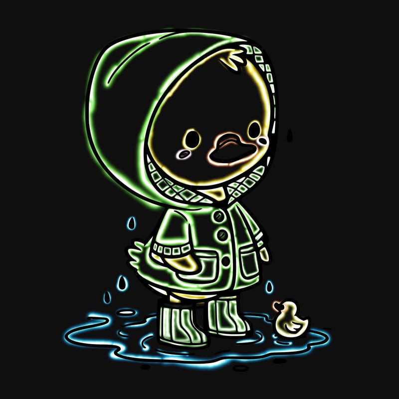 baby duck in a rain coat and boots, in a puddle while it’s raining