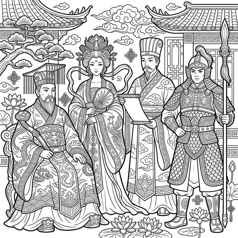 Explore the grandeur of ancient China with this exquisite coloring template featuring majestic emperors, elegant empresses, and brave warriors. Dive into a rich historical tapestry, perfect for adult and teen colorists seeking detailed and educational designs.