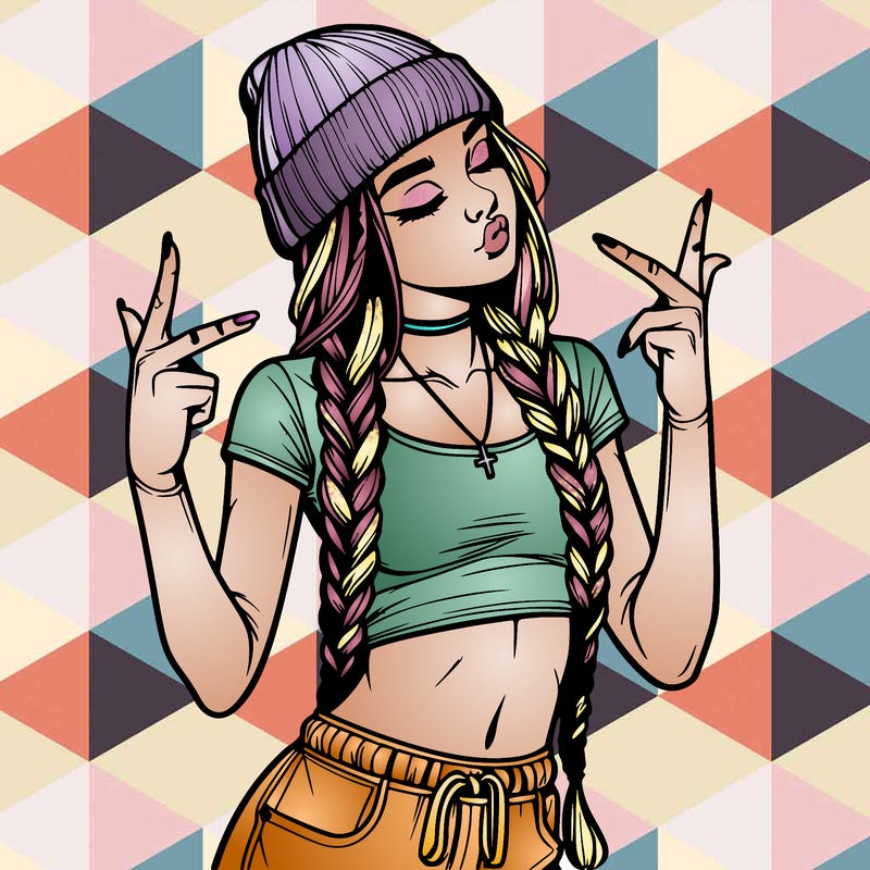 realistic teenage girl with braids and a beanie and crop top doing 🫶🏼