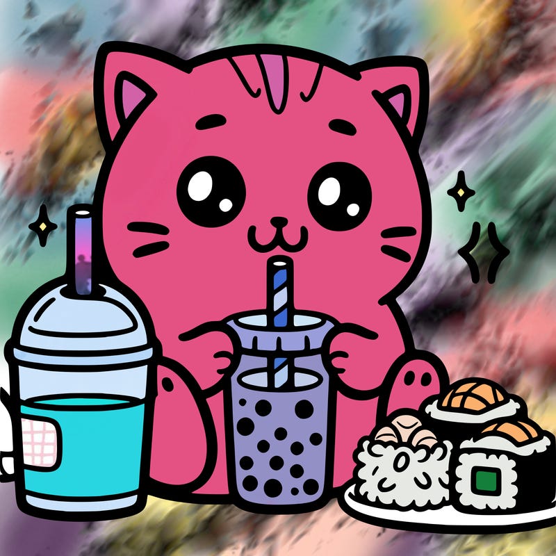 a cat drinking boba and eating sushi