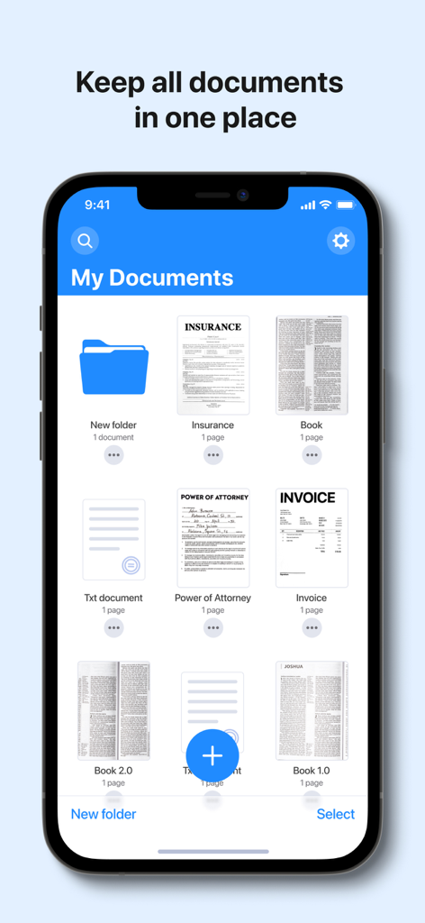 PDF Guru app interface showing organized documents and folders in a mobile file manager