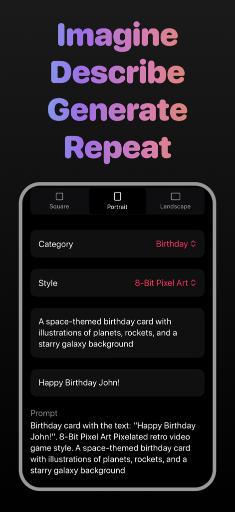 Wish Card Kit – Love Messages - Interfaz de la aplicación móvil Wish Card Kit mostrando la configuración de indicaciones de IA para una tarjeta de cumpleaños personalizada