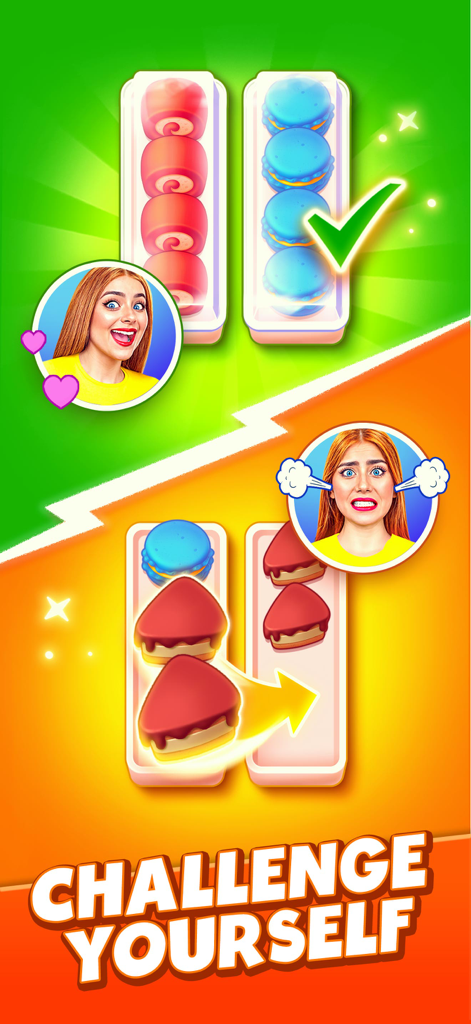 A mobile game screen showing dessert sorting puzzles with macaroons and cake slices under the text Challenge Yourself.