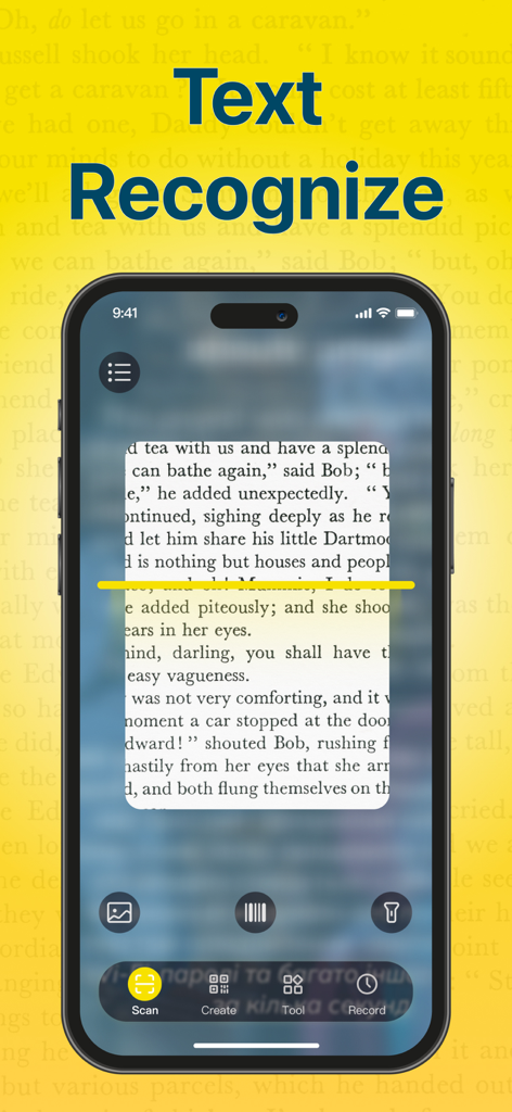 QR Code Reader & Barcode · - App interface showing text recognition OCR scanning a page